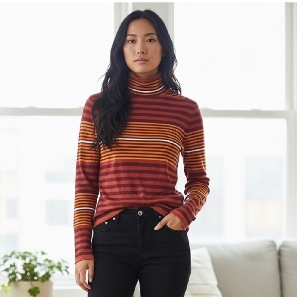 DULUTH Trading Co Stripe Turtleneck Top S Orange Office Gorpcore Roll Neck